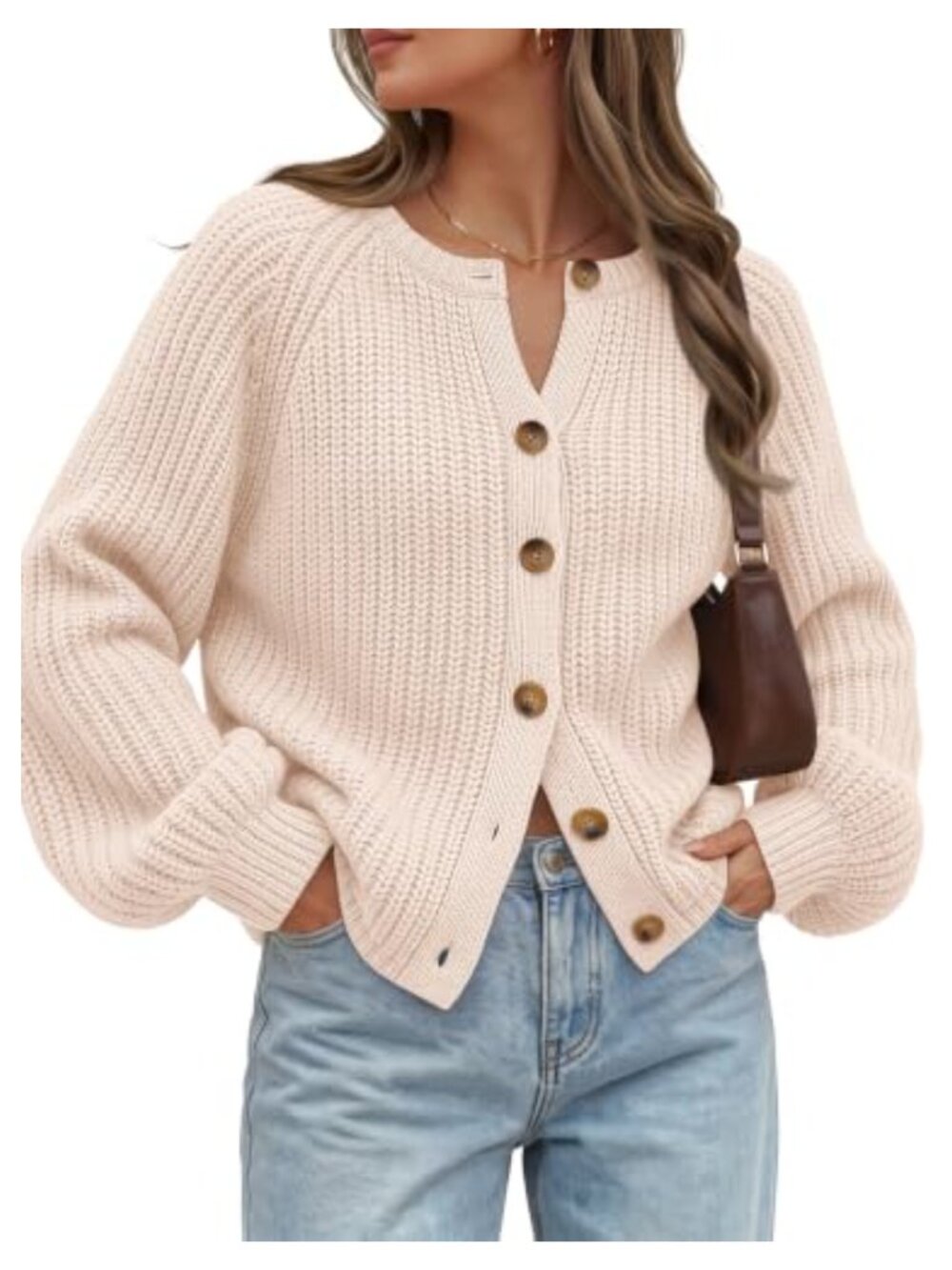 Chunky Knit Cardigan Sweater Cotton Acrylic Balloon Sleeve Button Down